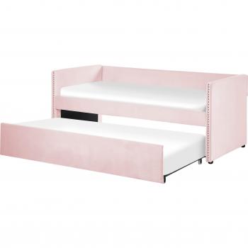 Cama Nido de Terciopelo Rosa Claro 90 x 200 cm con Listones de Madera y Tachuelas Decorativas