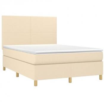 Cama box spring adulto colchón y luces LED tela crema 140x190 cm