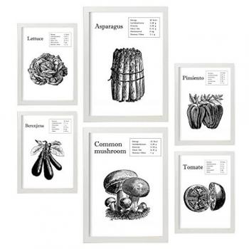 Set de 6 Pósters de Vegetales con Estética Collage para Decoración de Interiores - Tamaños A3 y A4 con Marco Blanco