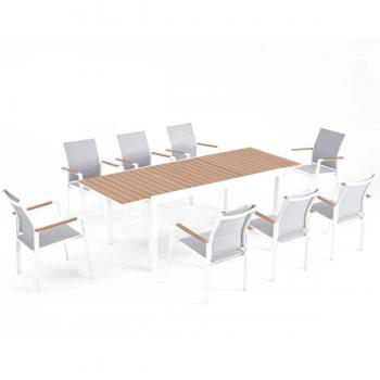 Conjunto de jardín 8 plazas de aluminio blanco y madera