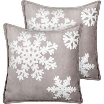 Conjunto de 2 cojines decorativos de terciopelo gris y blanco con estampado navideño de copos de nieve, 45 x 45 cm