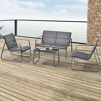 Conjunto de Muebles de Jardín Anzi 4 Piezas Acero y Cristal Templado - Gris