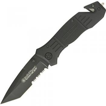 Cuchillo Plegable Smith & Wesson SWFR2S Extreme Ops, Hoja Tanto con Diente de Sierre y Mango de Goma Negra