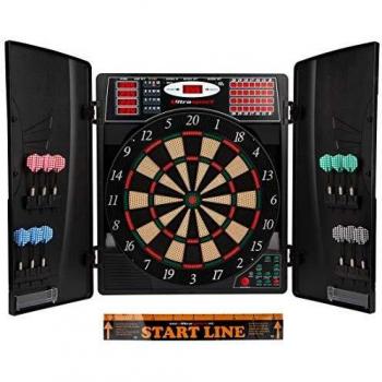 UItrasport Diana electrónica con puertas, diana clásica para 16 jugadores, juego de dardos con pantalla LED, 38 juegos y muchas variantes / diana con 12 dardos suaves y puertas