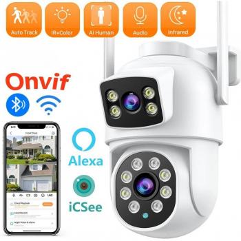 Cámara de vigilancia inalámbrica para exteriores 8MP con doble pantalla y doble lente, visión nocturna a color, seguimiento automático AI, conexión en la nube, enchufe AU