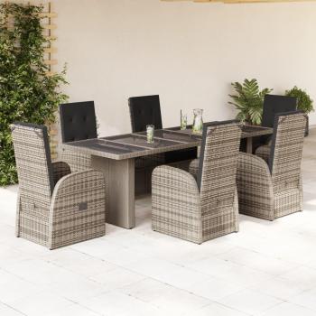 7-Piece Gray Poly Rattan Garden Dining Set with Cushions