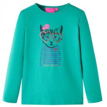 Camiseta Infantil Manga Larga Estampado de Gato Jersey Verde Brillante 140