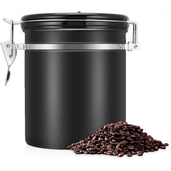 Bote para Café, EECOO Tarro de café 1.5L Bote Hermético de Acero Inoxidable Perfecto para Evitar la Oxidación del Café y la Aparición de Aromas Extraños, caucho sellado al vacío-Negro