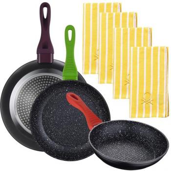 San Ignacio Juego de 3 Sartenes de Aluminio Forjado Antiadherente Marmolado + Set de 4 Paños de Cocina Amarillos - Certificados de Seguridad (20/24/28 cm)