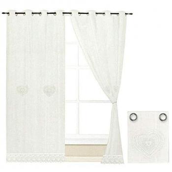 Cortina Semitransparente Blanca para Ventana o Puerta Interior con Diseño de Corazón - Par de 2 Uds. 140x290 cm