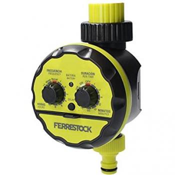 Programador de Riego Ferrestock FSKPRO002, regula frecuencia y duración del riego, riego manual, botón DELAY, rosca superior de 3/4 y salida con racor rápido