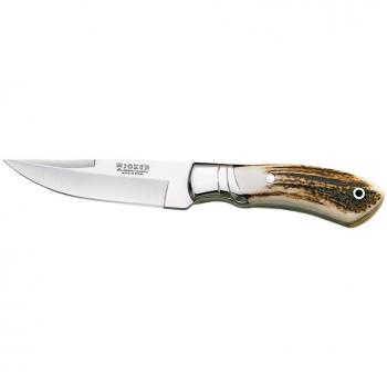 Cuchillo Enterizo de Monte Joker con cachas en asta de Ciervo y Hoja de 12 cm, virola INOX, Funda de Cuero, Peso 205 Gramos, CC04 + Tarjeta Multiusos de Regalo