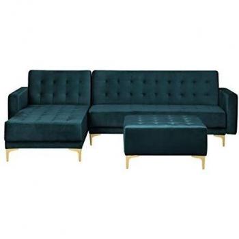 Sofá Esquinero Modular de Terciopelo Verde Azulado con Cama y Otomana Lateral Derecho, 4 Plazas, Diseño Moderno