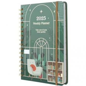 Agenda Anual 2025 Semana Vista A5 Jardín Interior Erik Verde con ilustraciones y pegatinas