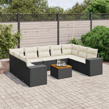 10-Piece Black Poly Rattan Garden Sofa Set with Cushions