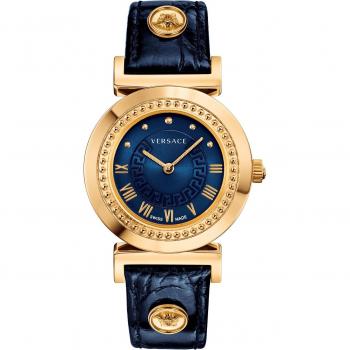 Versace Blue Leather Strap Quartz Watch for Women, Multicolor, Size: ONE SIZE