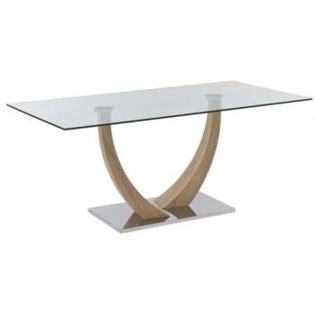 Mesa de comedor para 6 personas de vidrio templado, MDF y acero inoxidable - Natural claro - MELODIE II