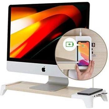 Soporte de Monitor de Madera con Cargador Inalámbrico Rápido para Smartphone y Hub 3 en 1