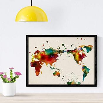 Póster Mapa Mundi 2 - Láminas e Ilustraciones de Ciudades y Comunidades de España - Sin Marco - Tamaño A4