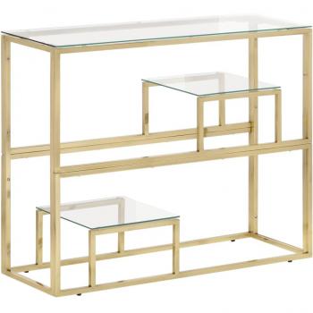 Mesa consola de acero inoxidable dorado y vidrio templado, color dorado, diseño moderno, ideal para salón o recibidor, funcional como mesa auxiliar o de entrada