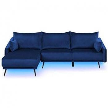 Sofá Esquinero de Terciopelo Azul Marino con Iluminación LED, Lado Derecho, 3 Plazas y Chaise Longue, Patas de Metal VARDE