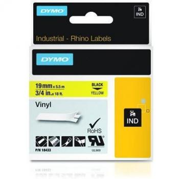 Dymo Rhino 18433 Etiquetas de Vinilo Industrial Autoadhesivas, 19 mm x 5.5 m, Negro sobre Amarillo