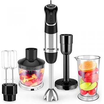 FIMEI Batidora de Mano 800 W, Batidora Eléctrica Acero Inoxidable con 2 Batidora de Huevos, 6 Velocidades Ajustables, Robot de Cocina 5 en 1 con Prensa Patatas, 600 ml Becher, 500 ml Chopper