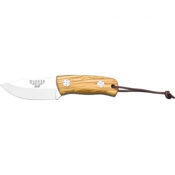 Cuchillo Bushcraft Joker Erizo CO75 con cachas en madera de olivo, hoja de 7,5 cm MOVA y funda de cuero marrón - Ideal para pesca, caza, camping y senderismo