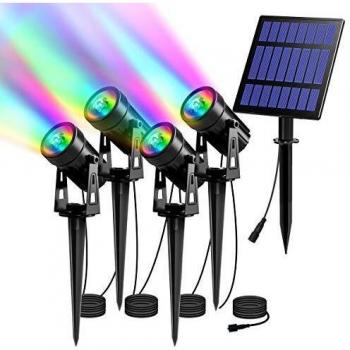 T-SUN Luces Solares Led Exterior Jardin, 4 en 1 LED Foco Solar con RGB 6 Cambio de Color 2 Nivels Brillo Ajustables Impermeable 270º Gran Angular de Luz Iluminación para Camino Césped Entrada.