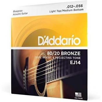 D'Addario Guitar Strings - Acoustic Guitar Strings - 80/20 Bronze - For 6 String Guitar - Deep, Bright, Projecting Tone - EJ14 - Bluegrass Lt. Top/Med. Bottom, 12-56