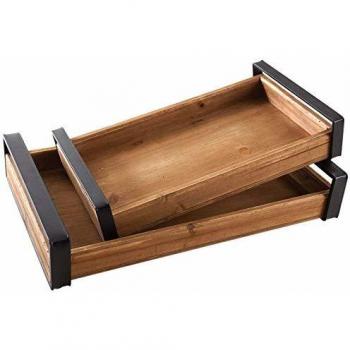 Juego de 2 bandejas modernas de madera con asas metálicas