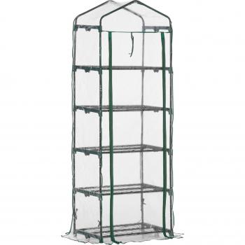 Outsunny Invernadero de Jardín 5 Estantes de Alambre Acero Tipo Caseta Vivero Cultivo Plantas Flores Puerta Enrollable Exterior Terraza 69x49x193 cm Transparente