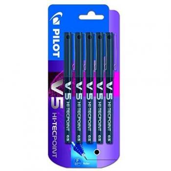 Bolígrafo Pilot V5 de tinta líquida, punta rodante 0.5 mm, color negro (paquete de 5 unidades)