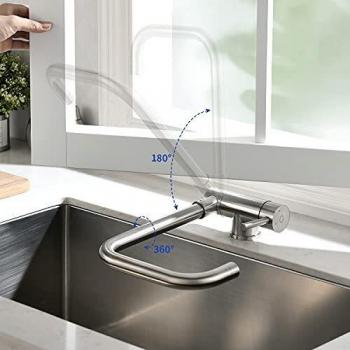 GILE Grifo Cocina Abatible, CECIPA Grifo de Fregadero Giratorio 360°con Agua Clásica y Agua Ducha, Mezclador Plegable para Agua Fría y Caliente, Aireador Extraíble, Acero Inoxidable, Grifo de Ventana