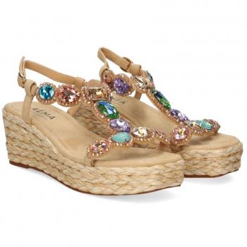 Alma Blue Sandalias Cuña Mujer - Beige Talla 38 con puntera cuadrada y pedrería