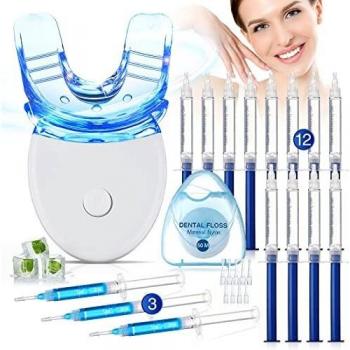 Blanqueador Dental Profesional,Kit de Blanqueamiento Dientes-12*Gel Blanqueamiento,3*Gel Calmante,Hilo Dental,Kit de Blanqueamiento Dental Reutilizable,Seguro y Suave,Cuidado Dental Completo Hogar
