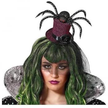 Diadema Araña Halloween Violeta con Sombrero Copa y Diseño de Araña
