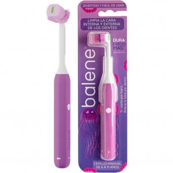 Balene Kids Cepillo de Dientes para Niños Violeta, Doble Cara, Filamentos Antibacterianos, Cabezal Suave y Flexible, Mango Giratorio