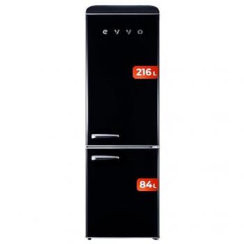 Frigorífico Combi Evvo F55 Retro Negro, 216 Litros Refrigerador, 84 Litros Congelador, Diseño Vintage, Cajón Crisper Zone, Turbo Fan, Libre de Gas CFC, Silencioso