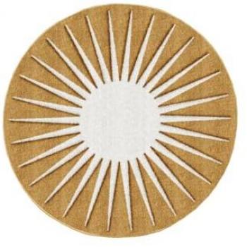Alfombra Redonda con Relieve en Forma de Sol - 200 cm - Mostaza y Blanco - Luminio