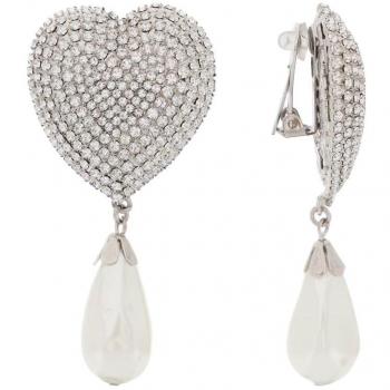 Alessandra Rich Silver Heart Crystal Pearl Earrings