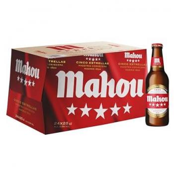Cerveza Mahou 5 Estrellas Especial Dorada Lager, Pack de 24 botellas de 25 cl, Sabor 5 Estrellas, 5.5% de Volumen de Alcohol