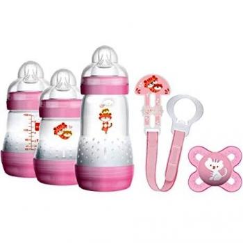 MAM Set de Recién Nacido Welcome to the World G102-3 Biberones Easy Start Anti-Colic, 1 Chupete Start y 1 Broche Clip 0+ Meses, Versión Española, Rosa, 5 Unidades