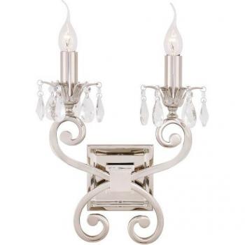 Lámpara de pared Oksana, níquel pulido, colgantes de cristal, 2 luces, para interior, con vela doble, E14