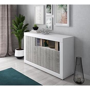 Aparador moderno DMORA con 3 puertas y estantes, Buffet de cocina y mueble para TV, 138x42xh86 cm, color blanco y cemento