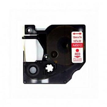 Cinta de Etiquetas Genérica Compatible con Dymo D1 45012 - Texto Rojo sobre Fondo Transparente - Ancho 12mm x Longitud 7 metros - Reemplazo para S0720520