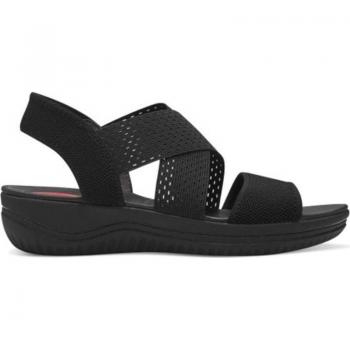 Cómoda sandalia mujer con CERTIFICADO VEGANO de JANA 28768 en suave tejido elástico negro, planta anatómica acolchada, cuña ligera, flexible y antideslizante, altura tacón bajo (1-