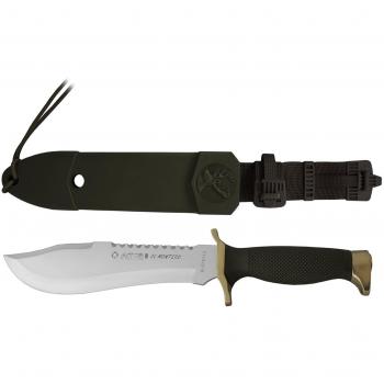 Aitor Cuchillo Monte 'El Montero' con Hoja de 21,5 cm, Mango 12,5 cm de Poliamida Verde, con Tarjeta Multiusos y pañuelo Desenfunda de Regalo
