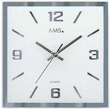 Reloj de pared AMS W9324 - Cuadrado 27 cm, diseño colorido (plateado y blanco), cuarzo, vidrio, ideal para salón, comedor, cocina, oficina y pasillo