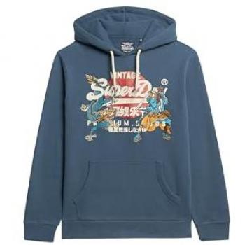 Sudadera con capucha Tokyo VI Gráfica para Hombre - Estampado craquelado, logotipo vintage, unicolor, azul, algodón sostenible